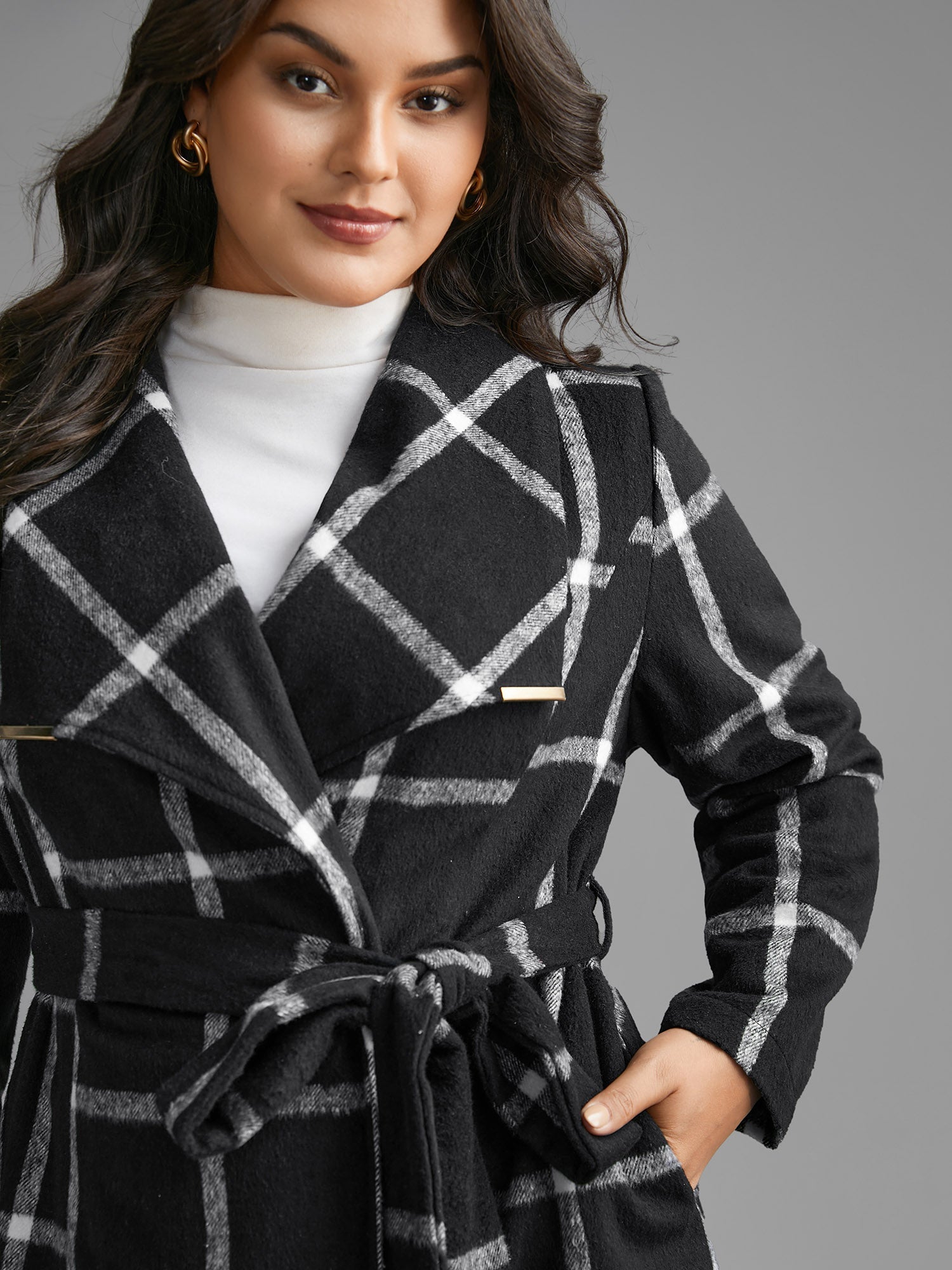 Plaid Lapel Collar Belted Jacket