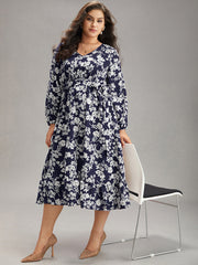 Floral Print Elastic Cuffs Ruffle Hem Dress