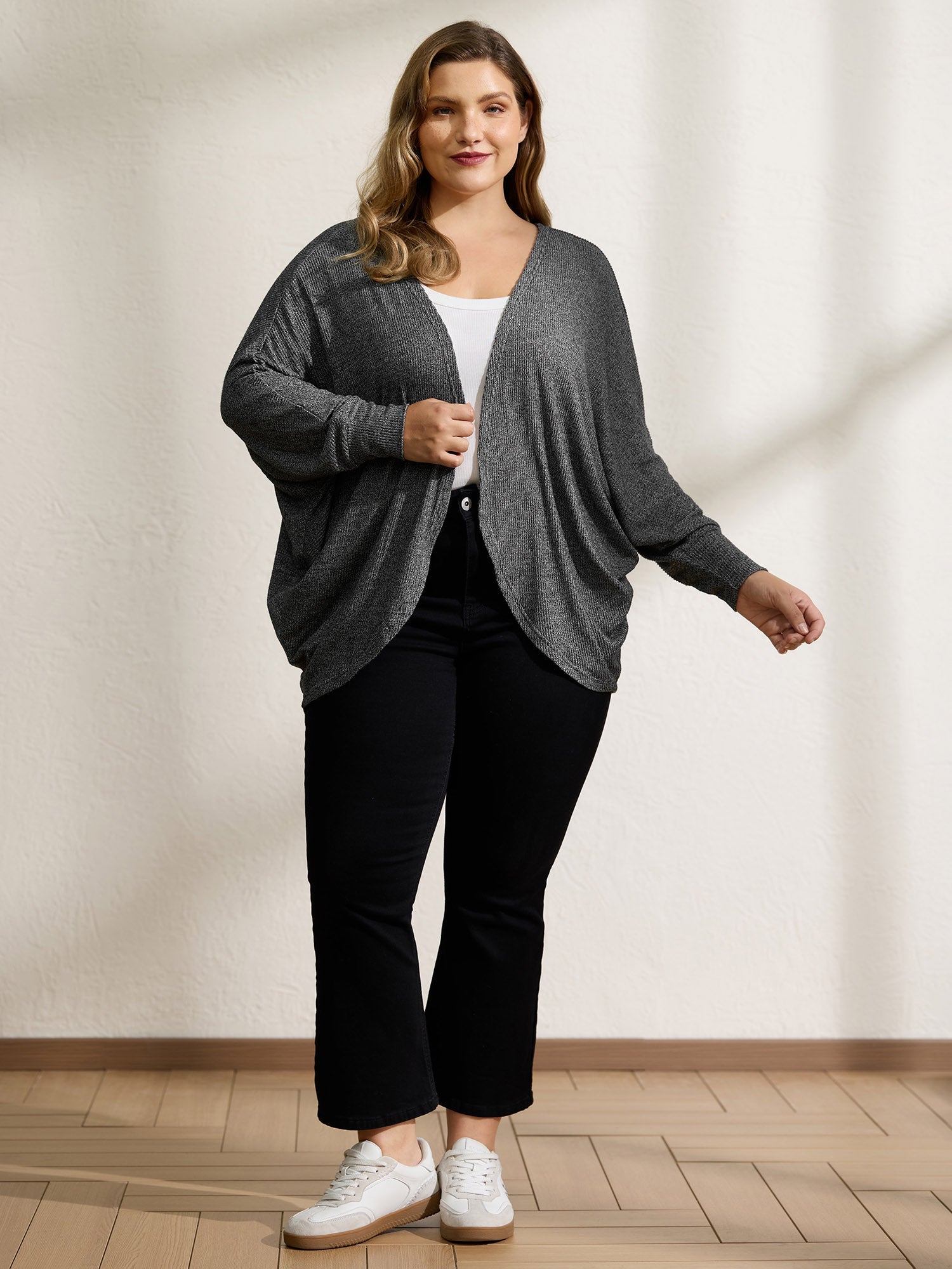Stretchy Curvy Hem Open-Front Cardigan