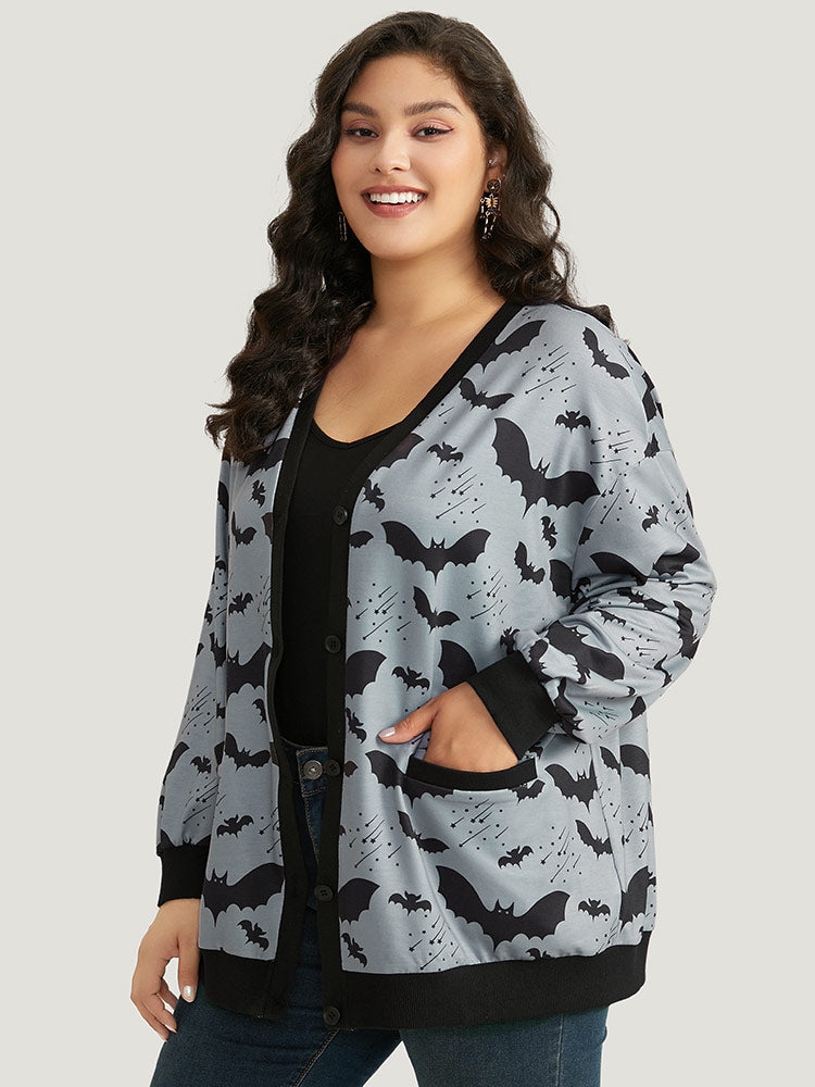 Halloween Bat Print Pocket Button Up Rib Knit Coat