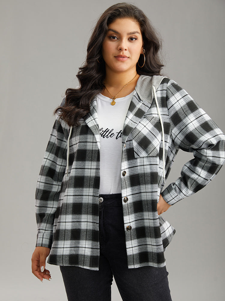 Plaid Patchwork Hooded Drawstring Button Through Jacket