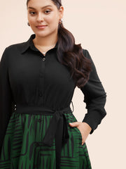 Geometric Patchwork Button Up Belted Dress