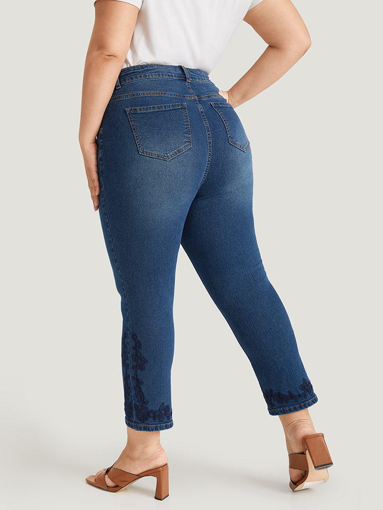 Floral Embroidered High Rise Dark Wash Jeans