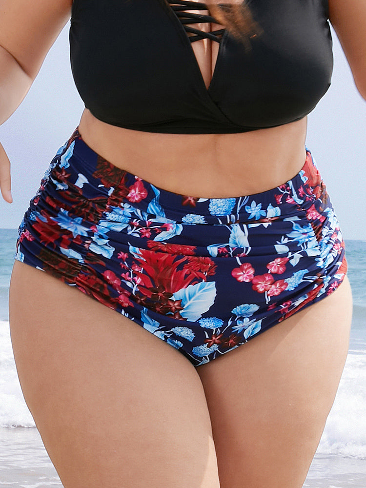 Tropical Print Gathered High Waist Swim Bottom