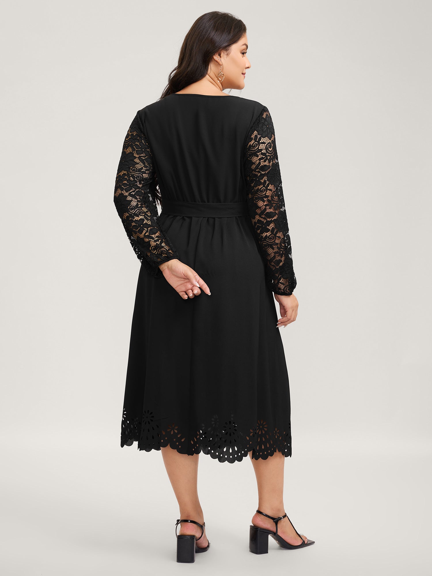 Sheer Floral Embroidered Scalloped Neck Midi Dress