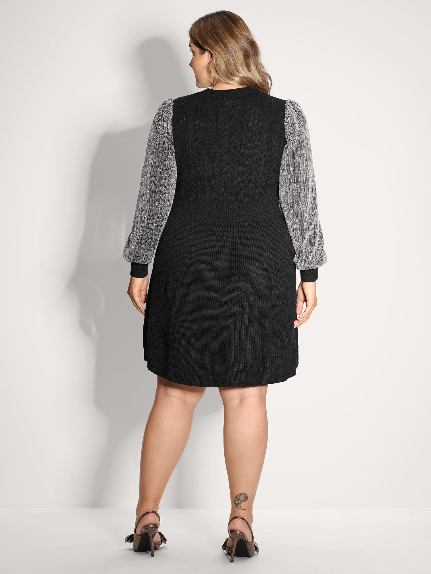 Glitter Textured Contrast Sleeve Midi Sweater Dress