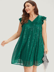 Sequin Mesh Pocket Cap Sleeve Ruffle Trim Dress