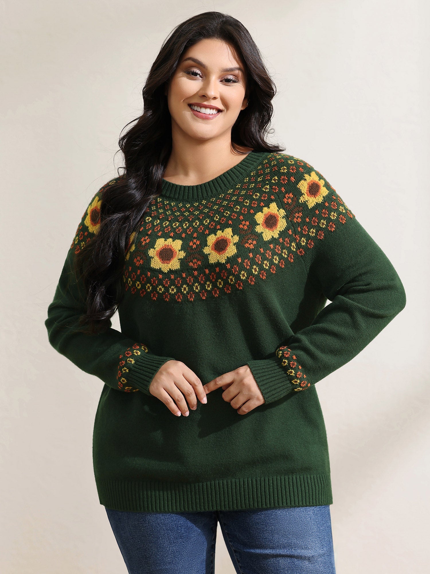 Fair Isle Floral Pattern Ribbed Hem Pullover