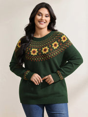 Fair Isle Floral Pattern Ribbed Hem Pullover