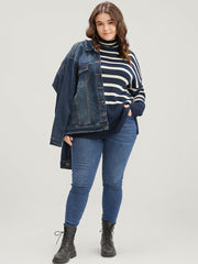 Striped Contrast Pointelle Knit Split Hem Mock Neck Knit Top