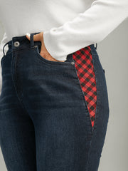 Plaid Patchwork Straight Leg Dark Wash Jeans