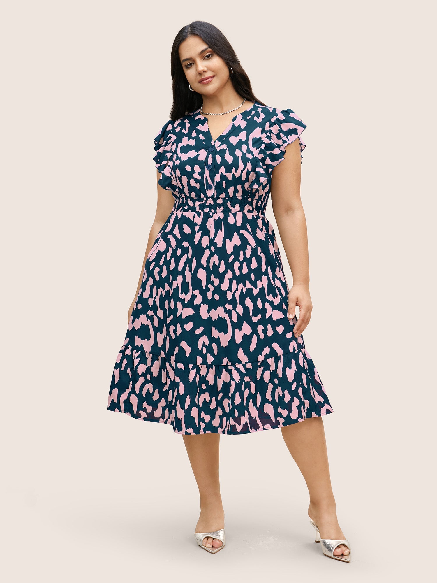 Notched Leopard Print Cap Sleeve Ruffles Dress