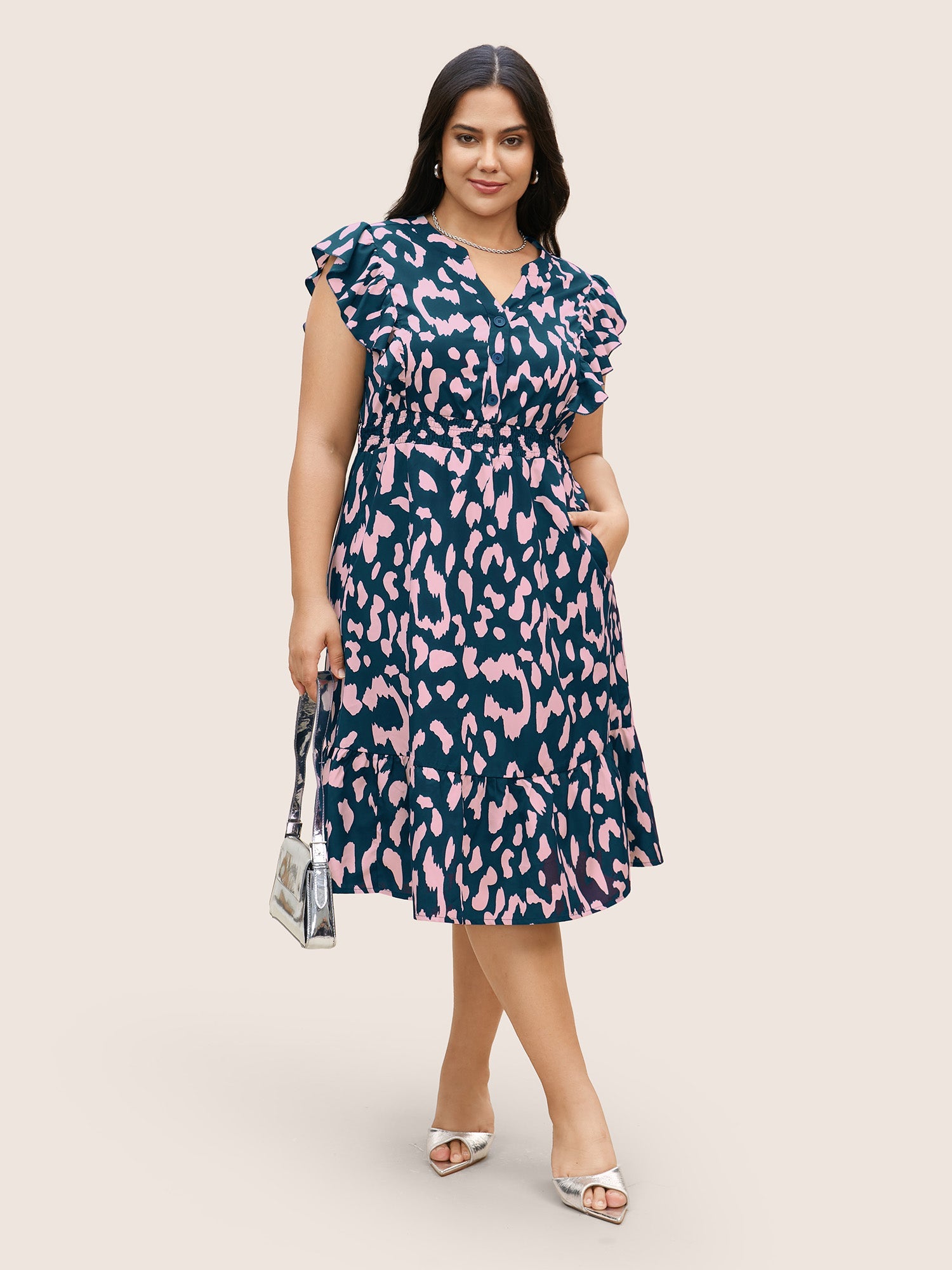 Notched Leopard Print Cap Sleeve Ruffles Dress