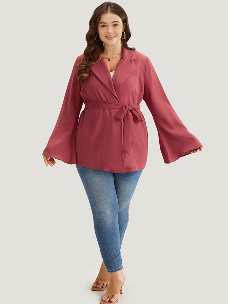 Solid Bell Sleeve Belted Lapel Collar Blazer