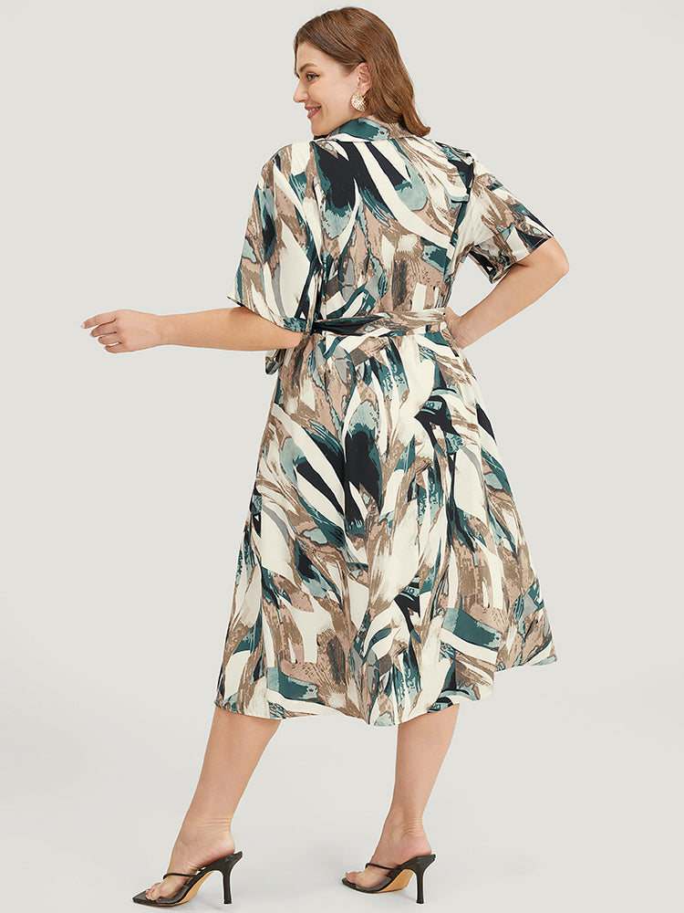 Allover Print Pocket Button Up Belted Shirt Collar Dress