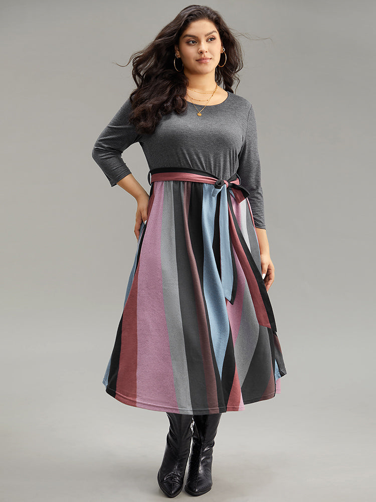 Striped Contrast Patchwork Belted Dress