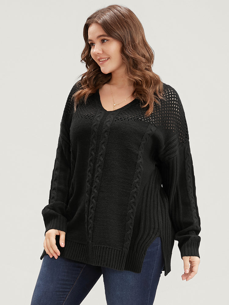 Solid Pointelle Knit Cut Out Split Hem Cable Knit Top