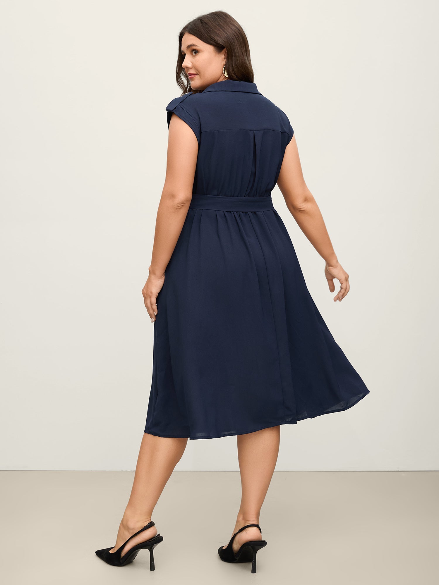 Half Zipper Pockets Belted Midi Dress