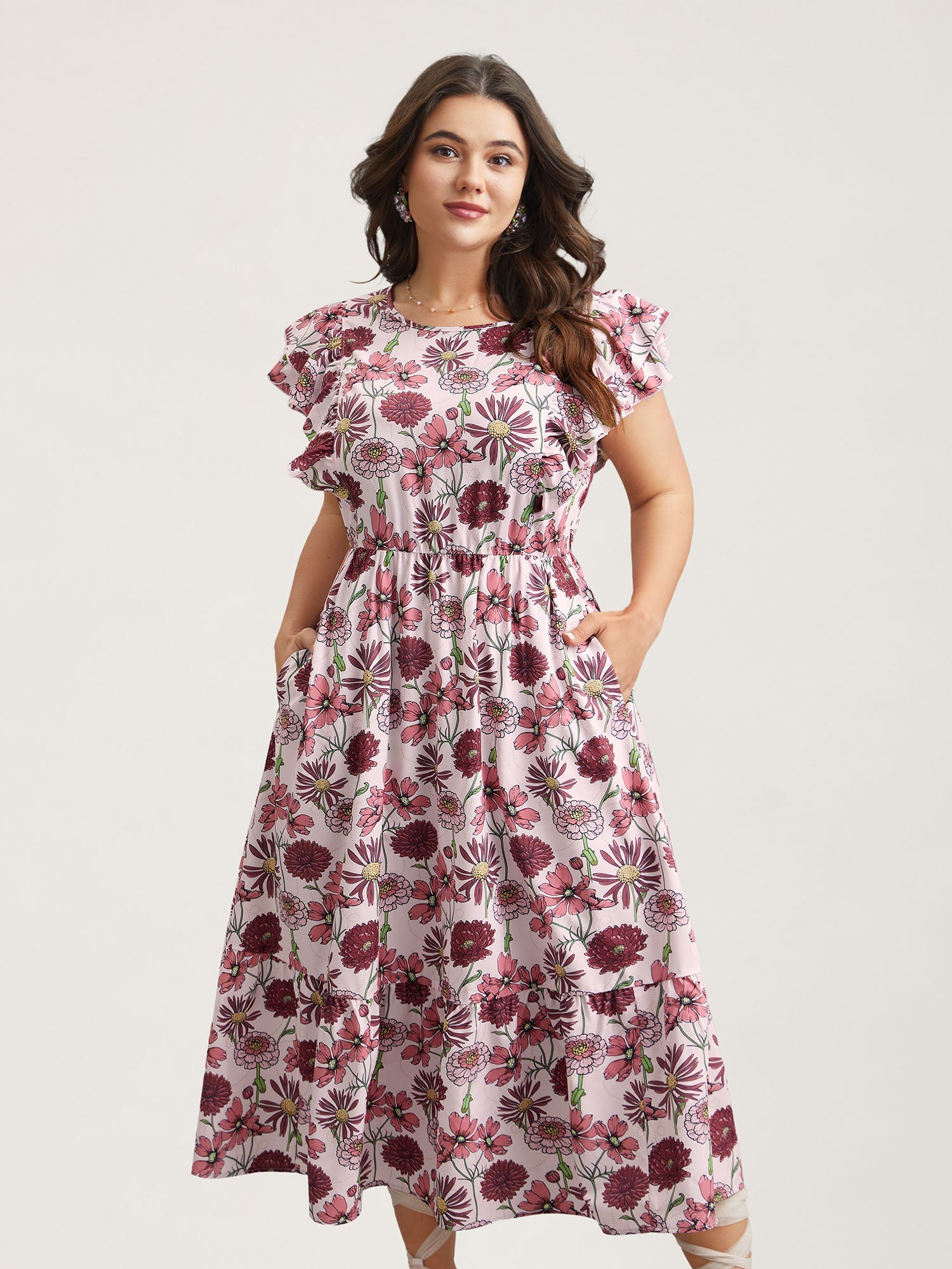 Ruffled Floral Print Stretchy-Waist Midi Dress