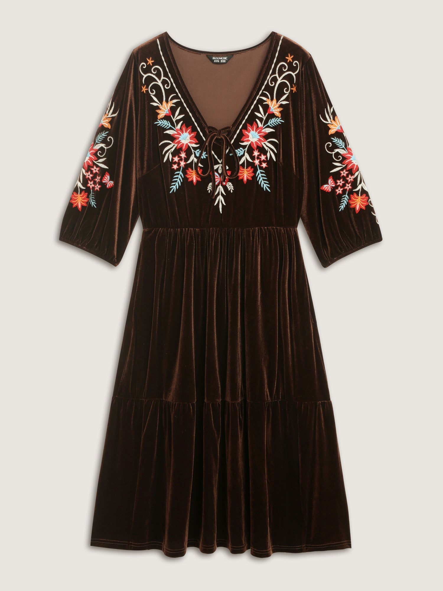 Floral Embroidered Stretchy Waist Pockets Midi Dress