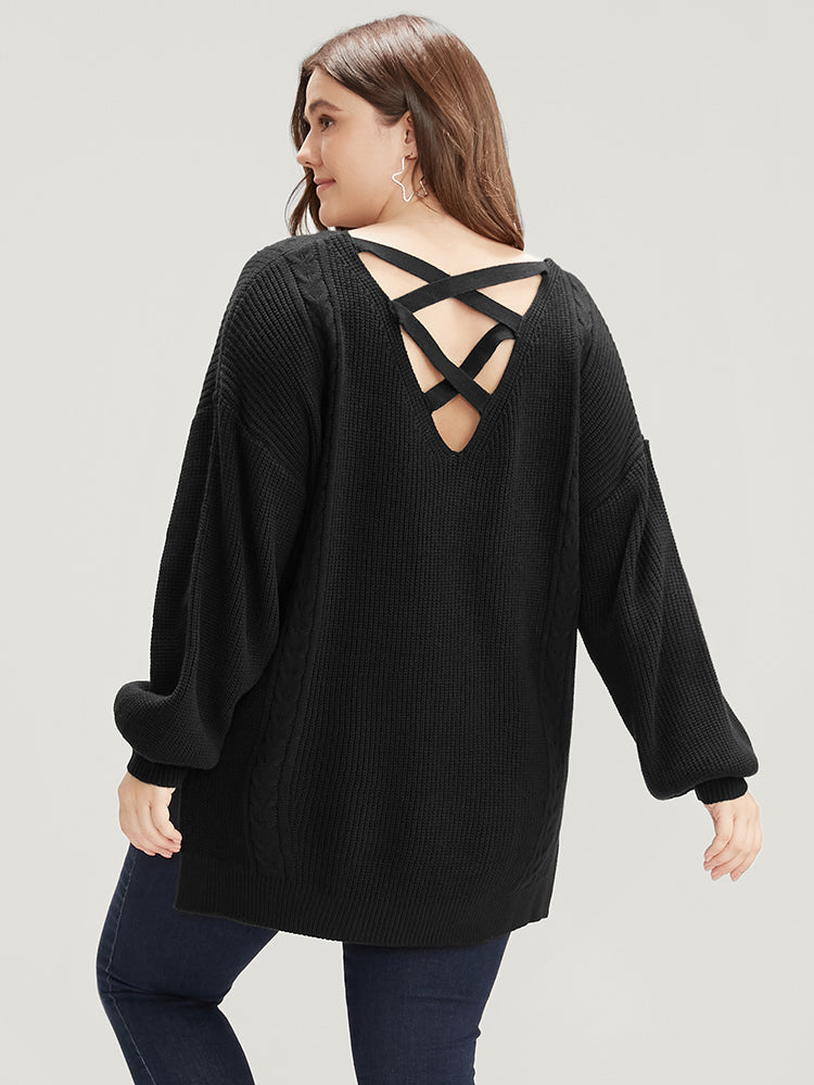 Solid Pointelle Knit Lantern Sleeve Cut Out Split Knit Top