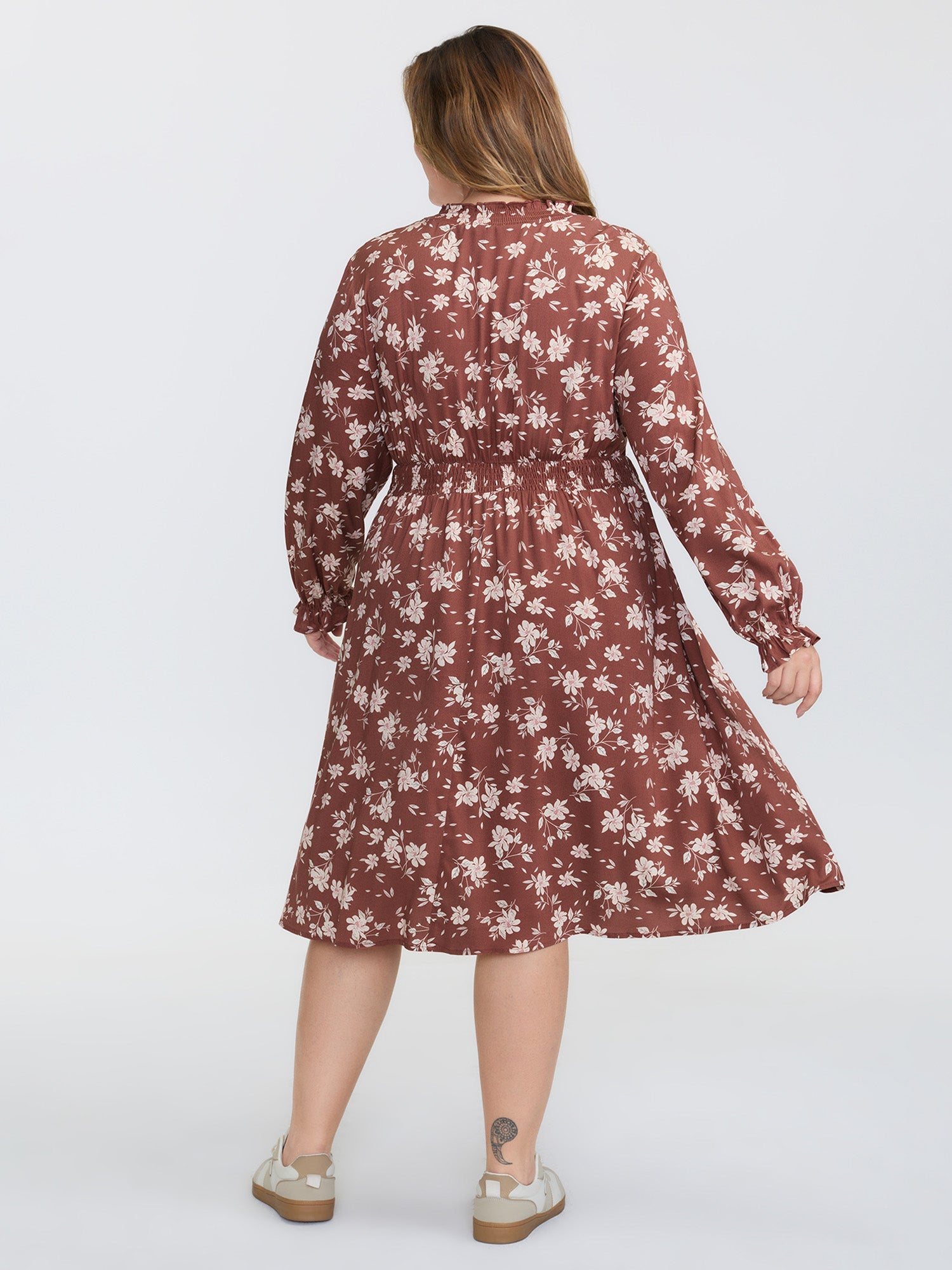 Floral Print Shirred Waist Rayon Midi Dress