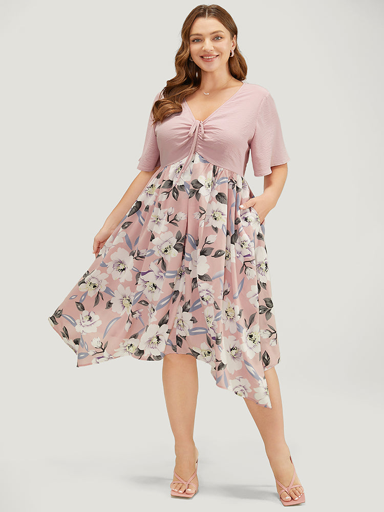 Floral Hanky Hem Ruffle Pocket Ruched Drawstring Dress