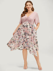 Floral Hanky Hem Ruffle Pocket Ruched Drawstring Dress