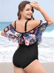 Floral Patchwork Asymmetrical Ruffle Trim Crisscross One Piece Swimsuit