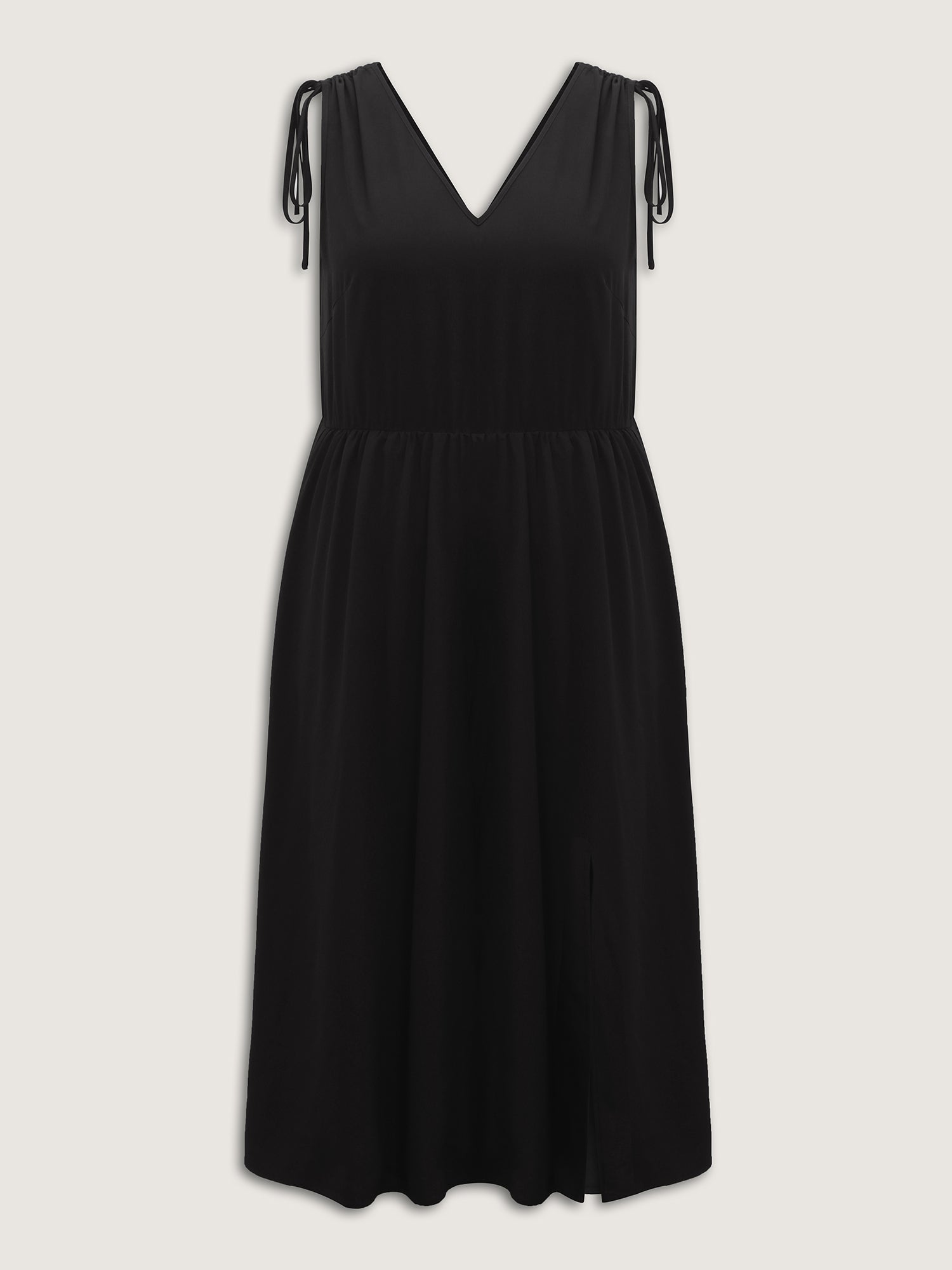 Shoulder Drawstring Slit Solid Midi Dress