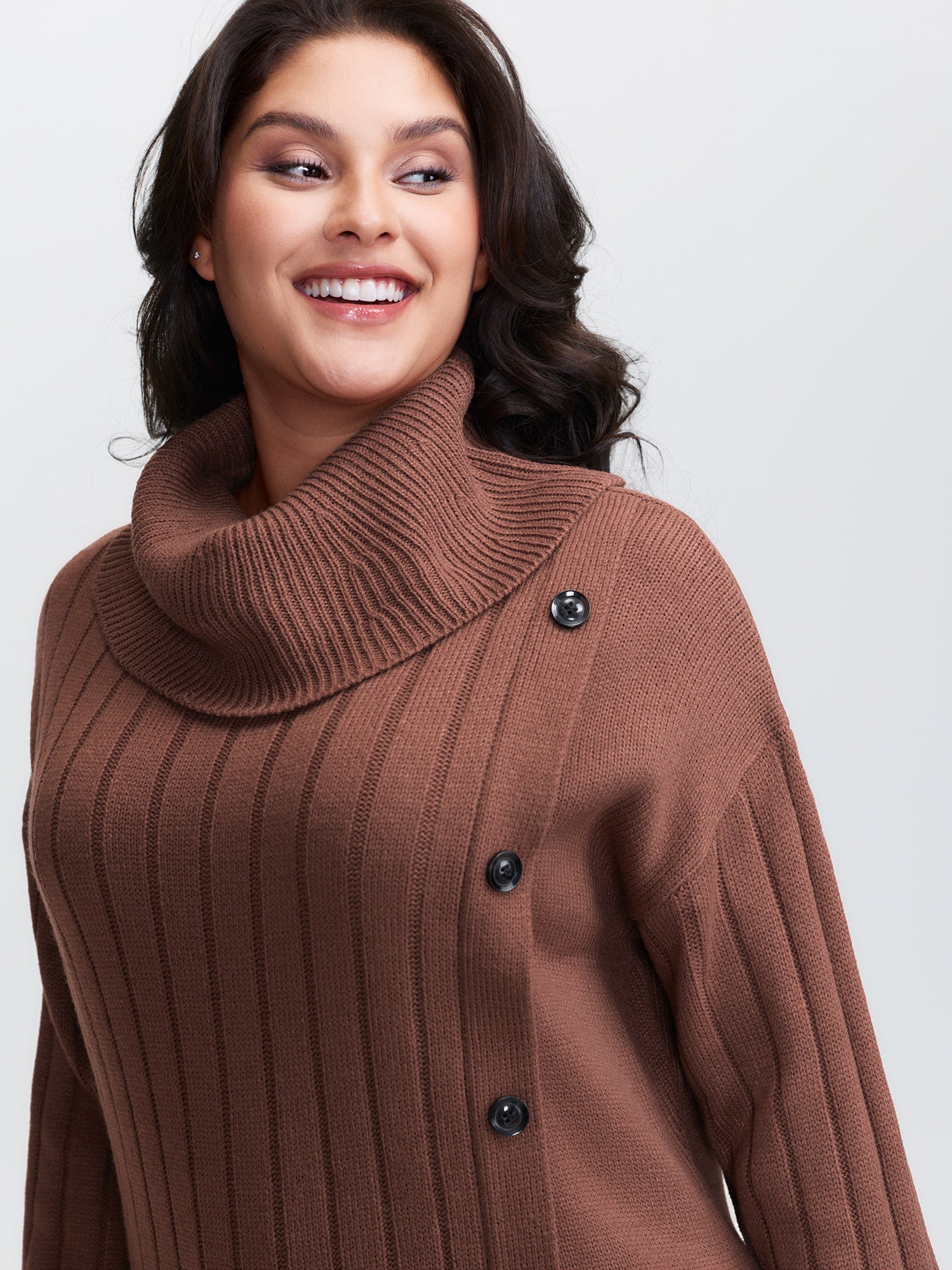 Textured Turtleneck Button Wrap Sweater Dress