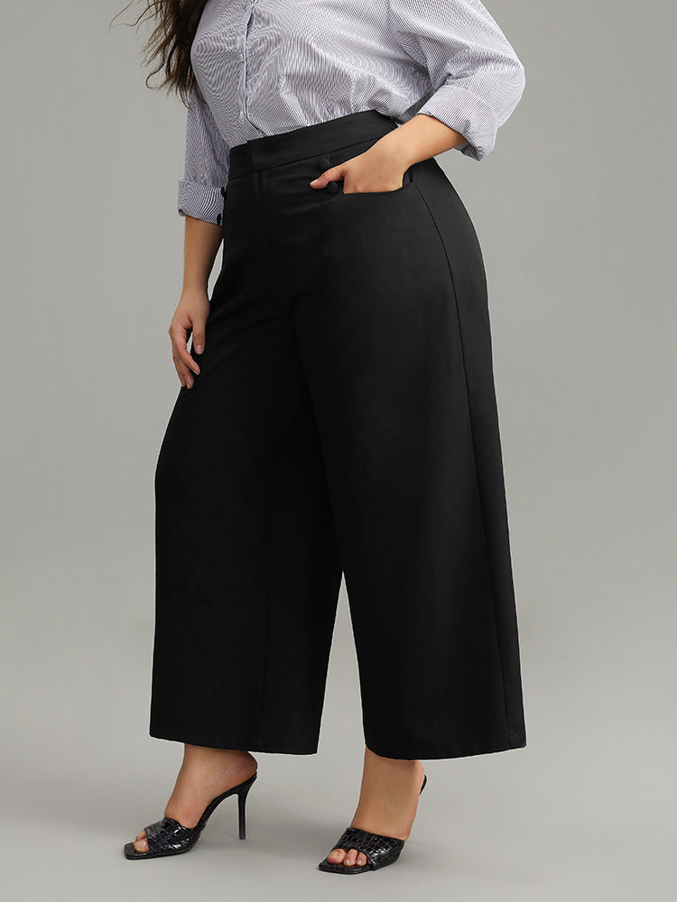 Solid Button Detail Wide Leg Pants