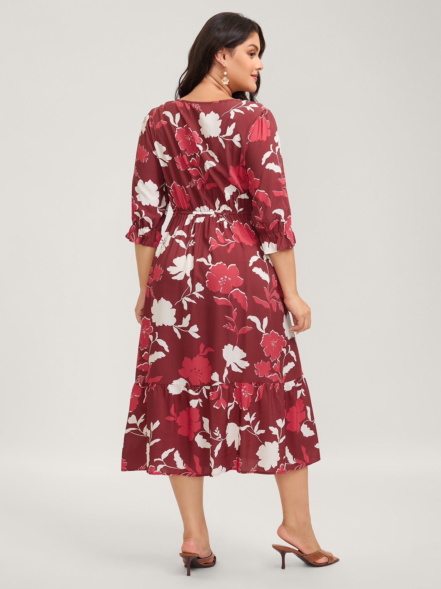 Silhouette Floral Print Waist-Drawstring Midi Dress