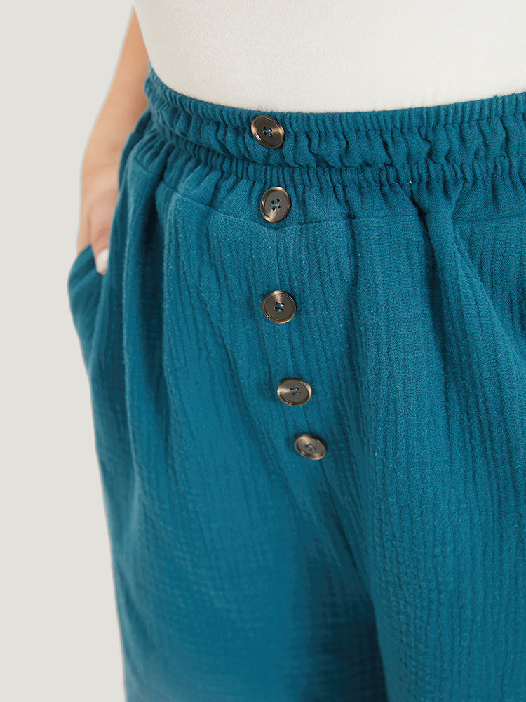 Plain Shirred Pocket Button Detail Shorts