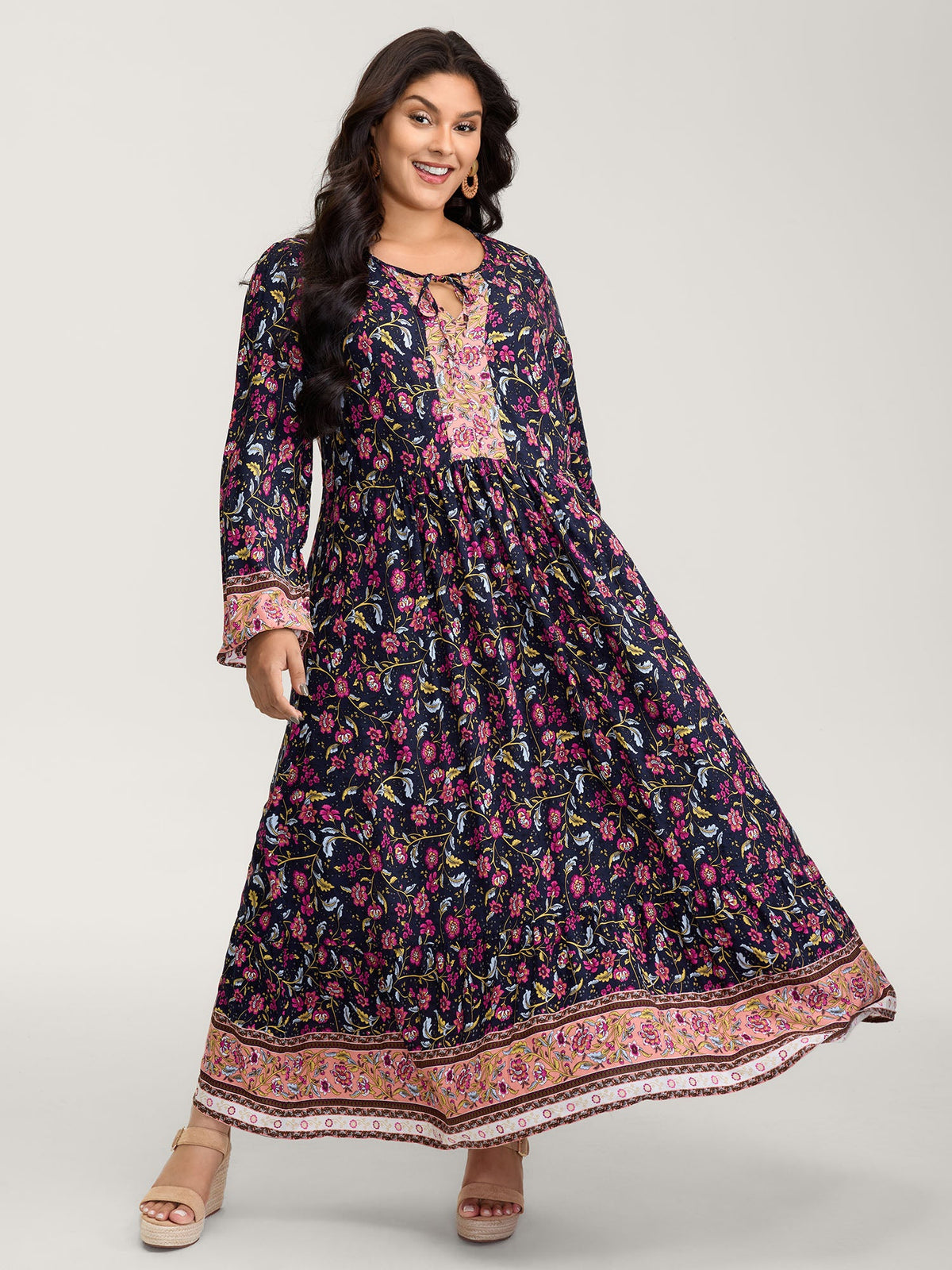 Floral Print Pockets Adjustable Neckline Maxi Dress