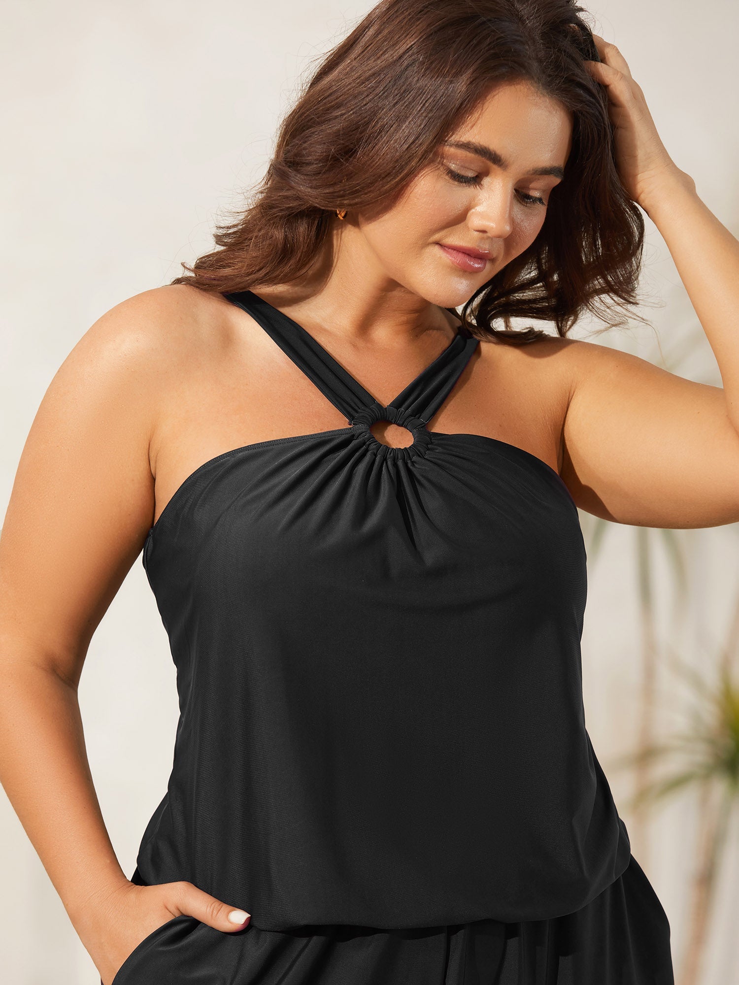 Halter Neck Pockets Cinched One-Piece Swimsuit