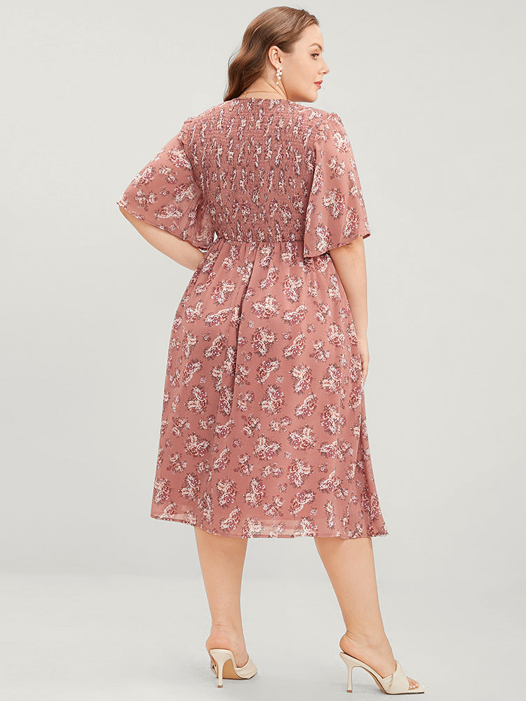 Floral Print V Neck Shirred Pocket Ruffle Dress