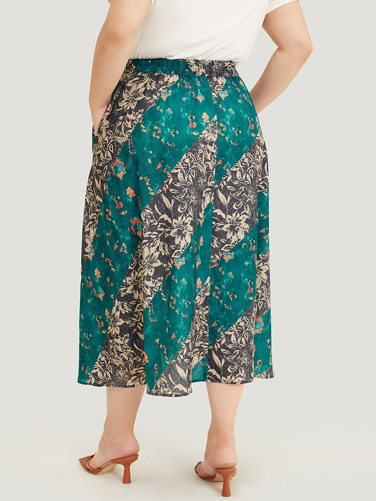 Floral Contrast Pocket Knot Front Skirt