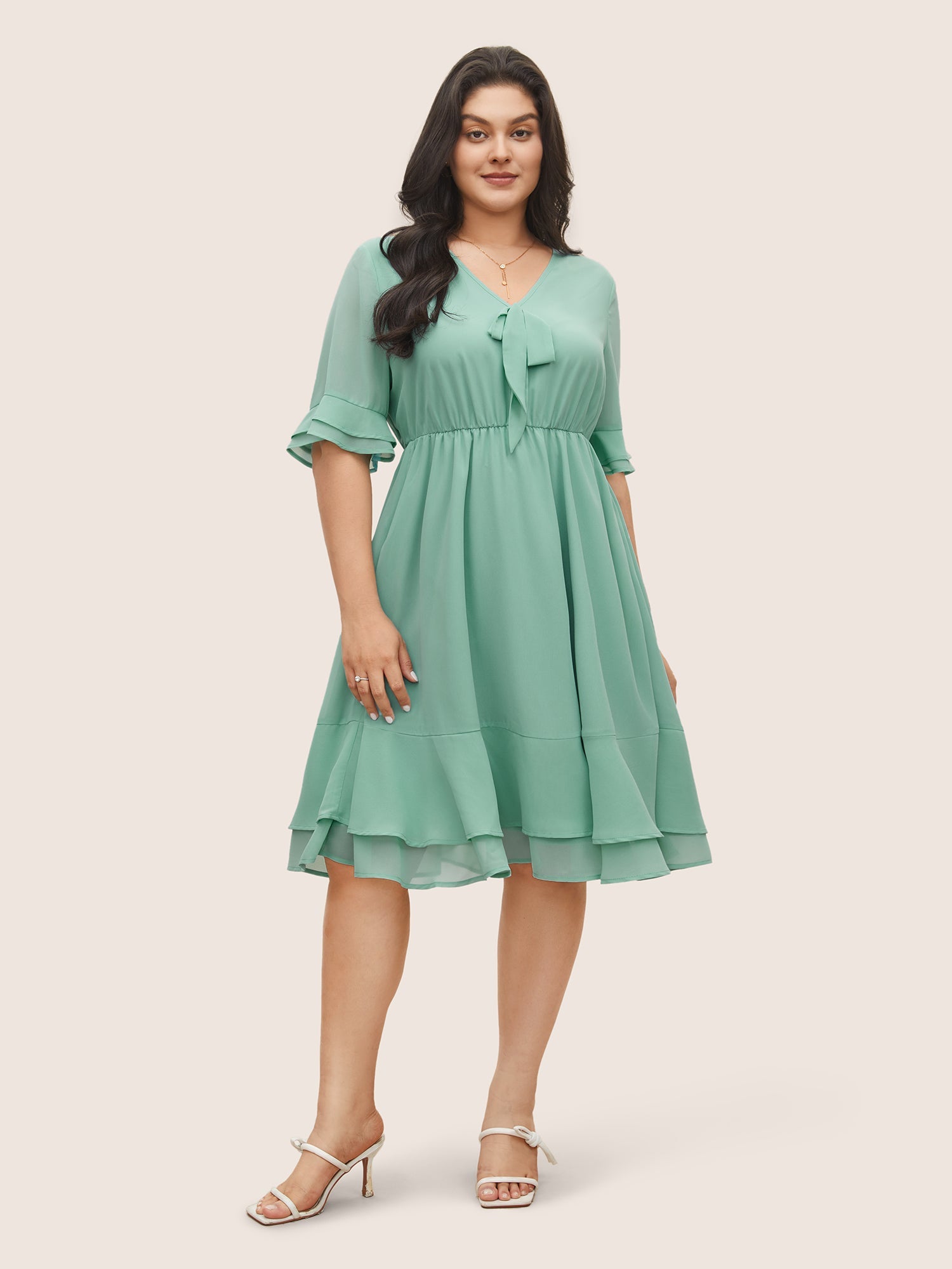 Solid Bowknot Patchwork Tiered Ruffle Sleeve Dress