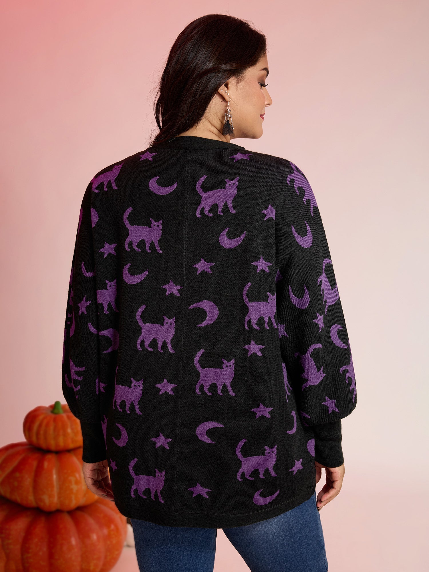 Halloween Jacquard Print Pockets Knit Cardigan