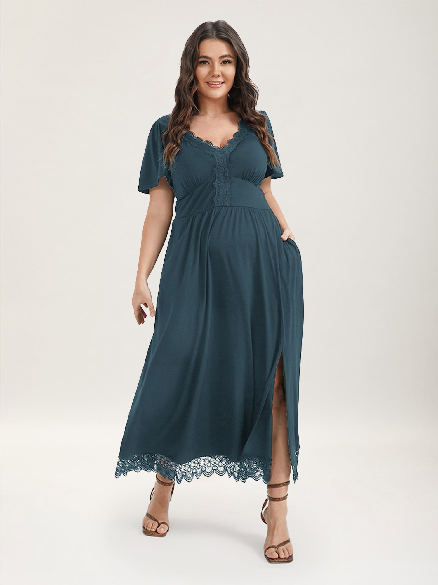 Solid Pocket Contrast Lace Split Maxi Dress