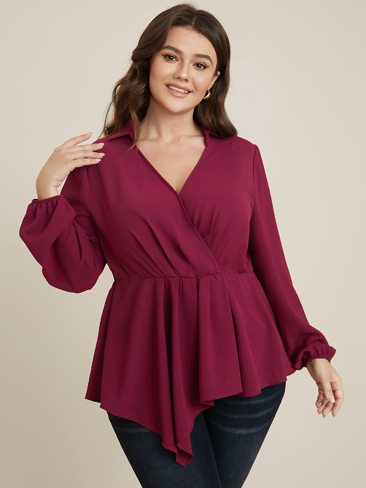 Solid Lantern Sleeve Surplice Neck Asymmetrical Hem Blouse