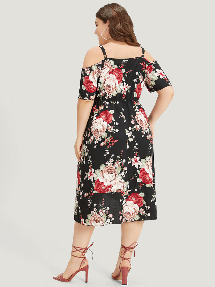 Floral Print Pocket Asymmetrical Hem Cold Shoulder Dress