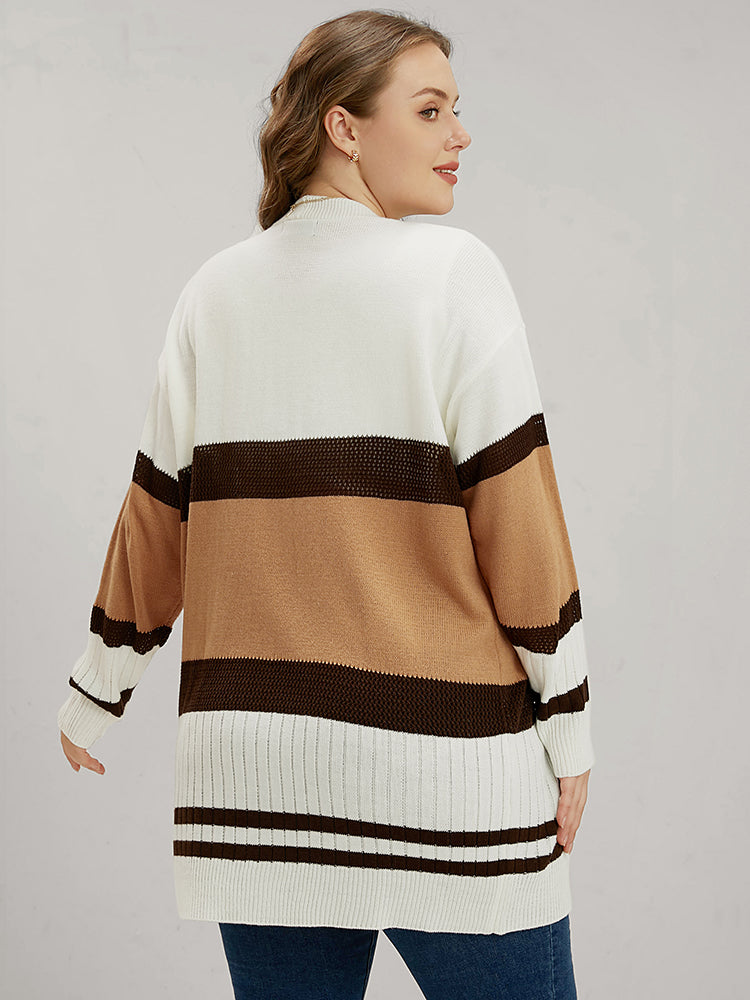 Colorblock Contrast Pointelle Knit Eyelet Open Front Cardigan