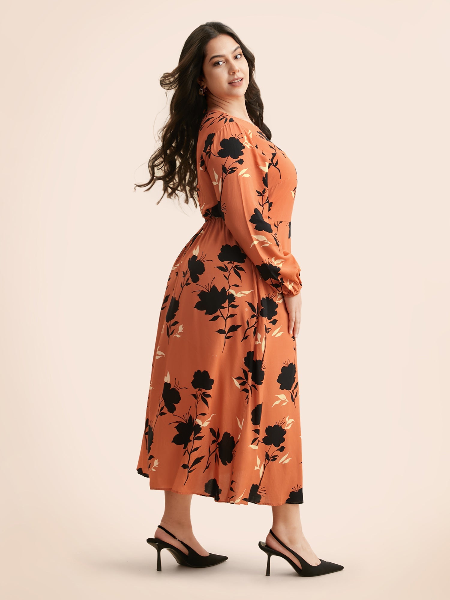 Silhouette Floral Print Lantern Sleeve Slit Hem Dress