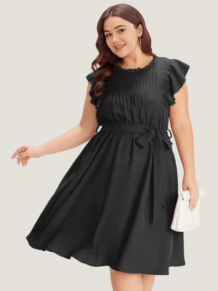 Solid Pocket Lace Insert Pleated Flutter Sleeve Dress