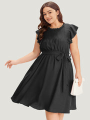Solid Pocket Lace Insert Pleated Flutter Sleeve Dress