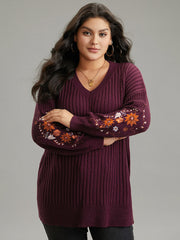Floral Embroidered Plisse Drop Shoulder Pullover