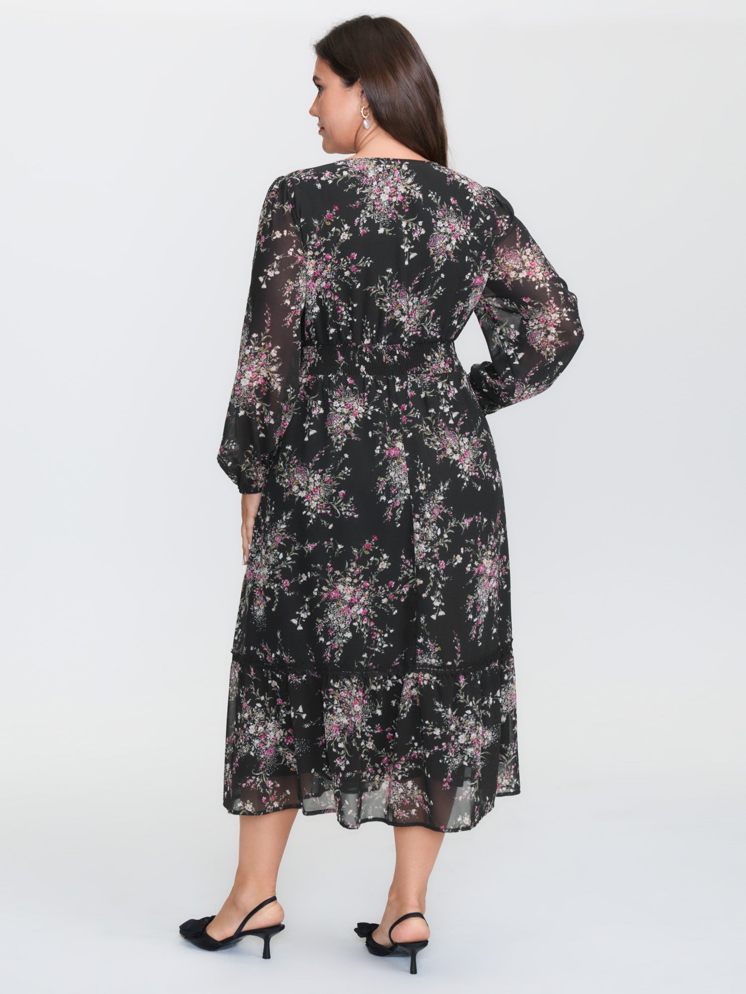 Soft Floral Print Lace Trim Midi Dress
