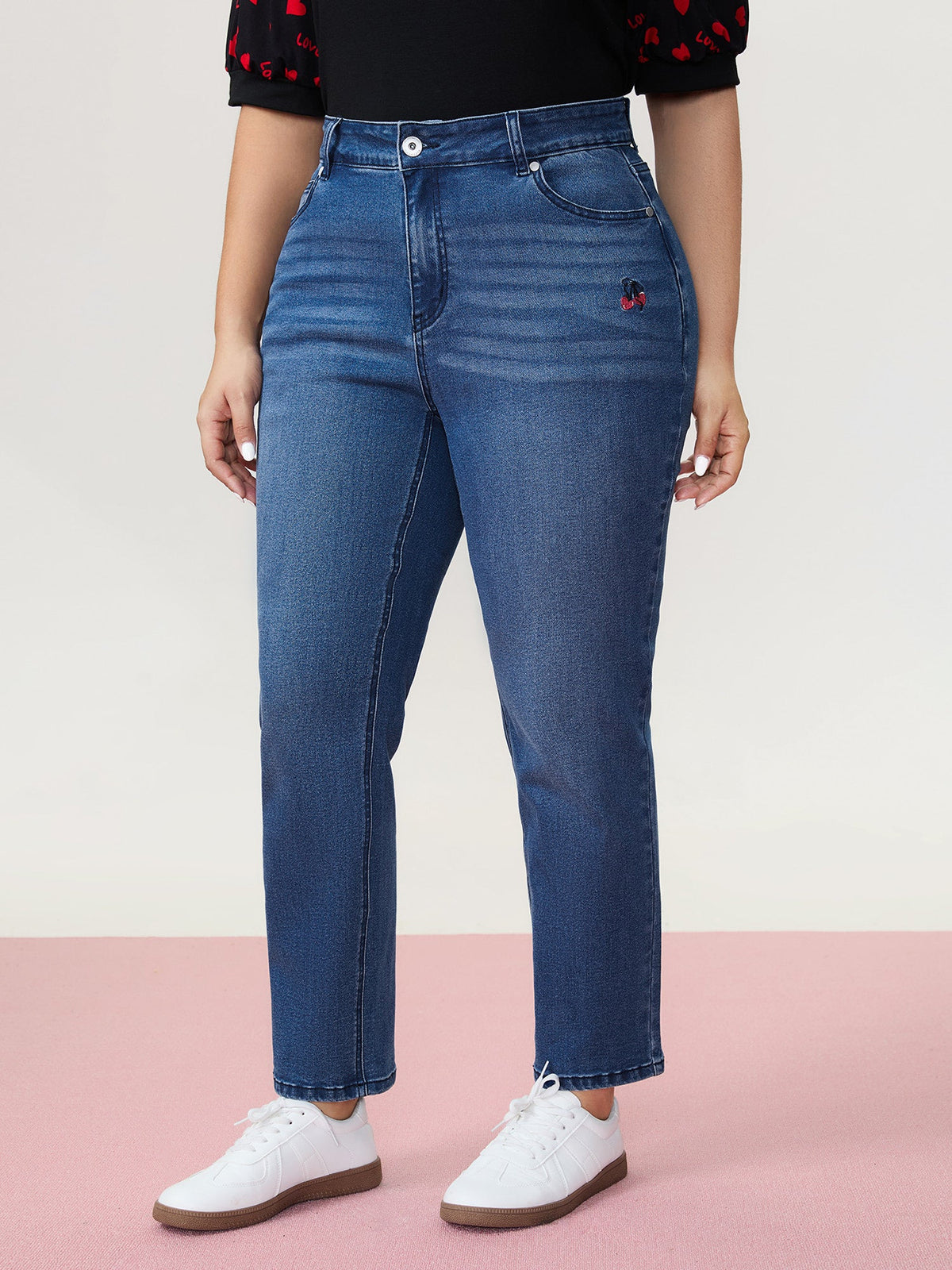 Cherry Embroidered Mid-Rise Straight Leg Jeans